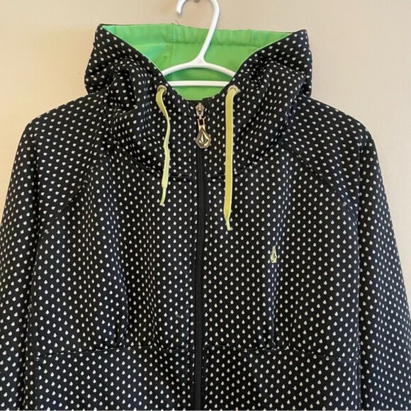 Volcom Black & White Rain Drop Hoodie w Green Lining & High Neck - Picture 3 of 16